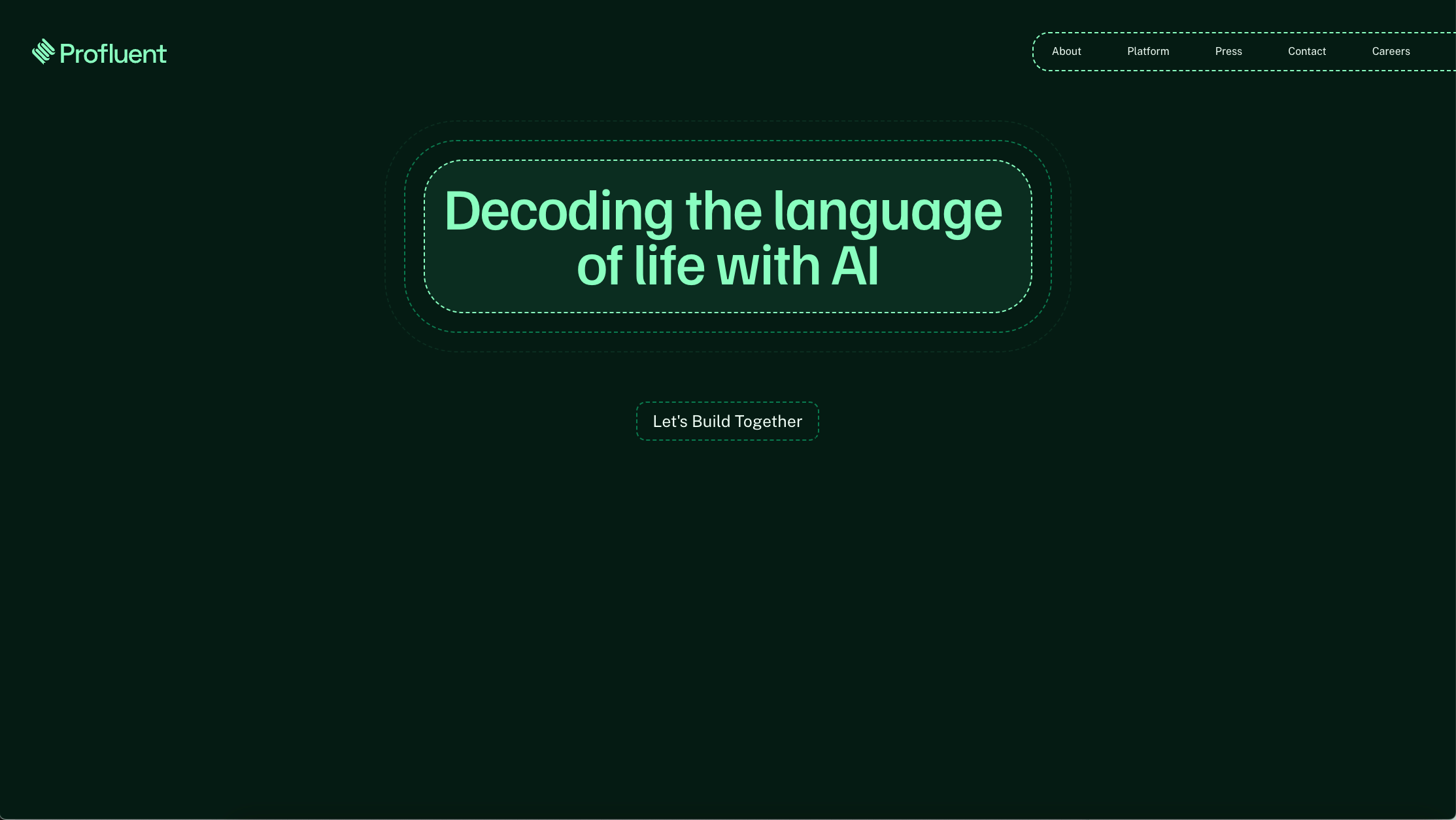 Screenshot of the Profluent homepage. "Decoding the language of life with AI"